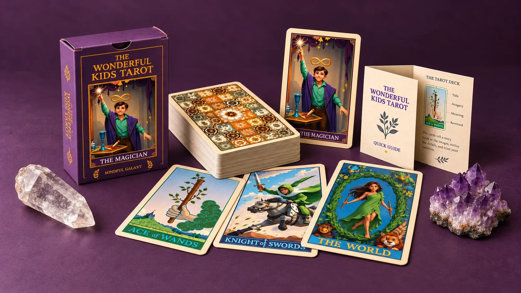 The Wonderful Kids Tarot boxed deck with printed cards, a quick guide, quartz and amethyst